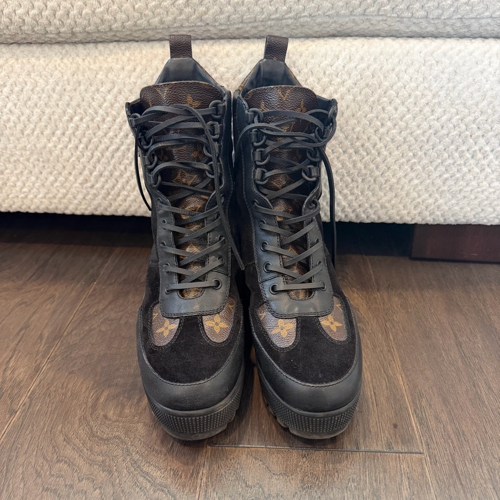Louis Vuitton Black and Brown Monogram Lace-Up Platform Ankle Boots - Picture 5 of 12